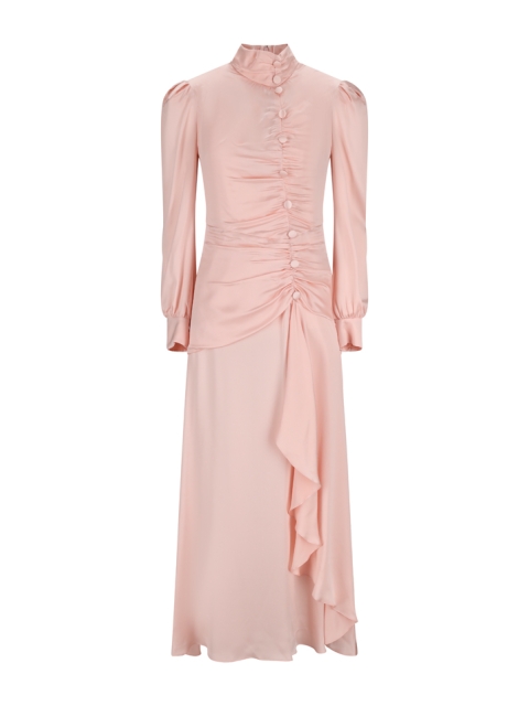 SILK SATIN HIGH NECK DRESS WITH RUFFLE