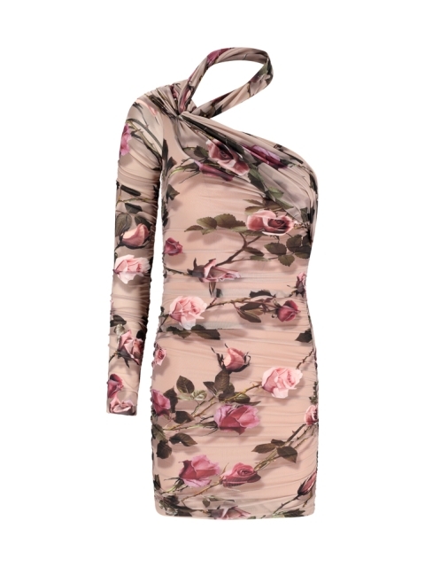 SHORT ONE-SHOULDER JERSEY DRESS WITH TORCHON ROSE PRINT