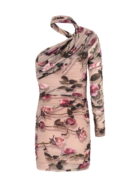 SHORT ONE-SHOULDER JERSEY DRESS WITH TORCHON ROSE PRINT