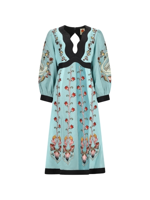 FLOWING BEAUTY EMBROIDERED LONG SLEEVE MIDI DRESS