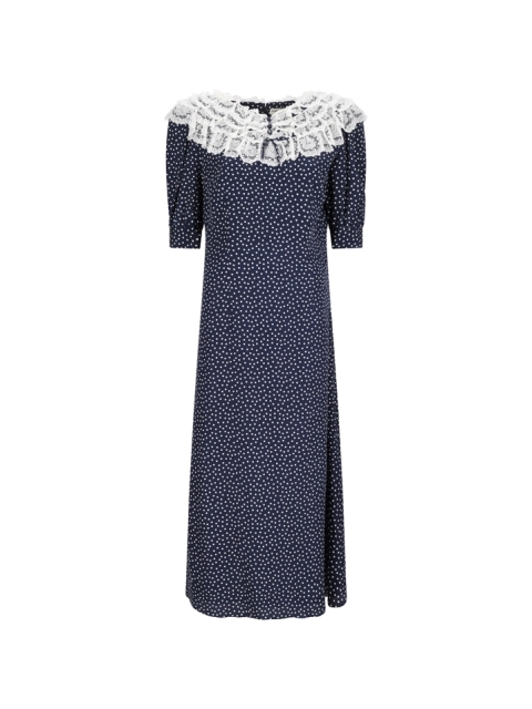 POLKA DOT PRINT SILK DRESS WITH LACE DETAIL